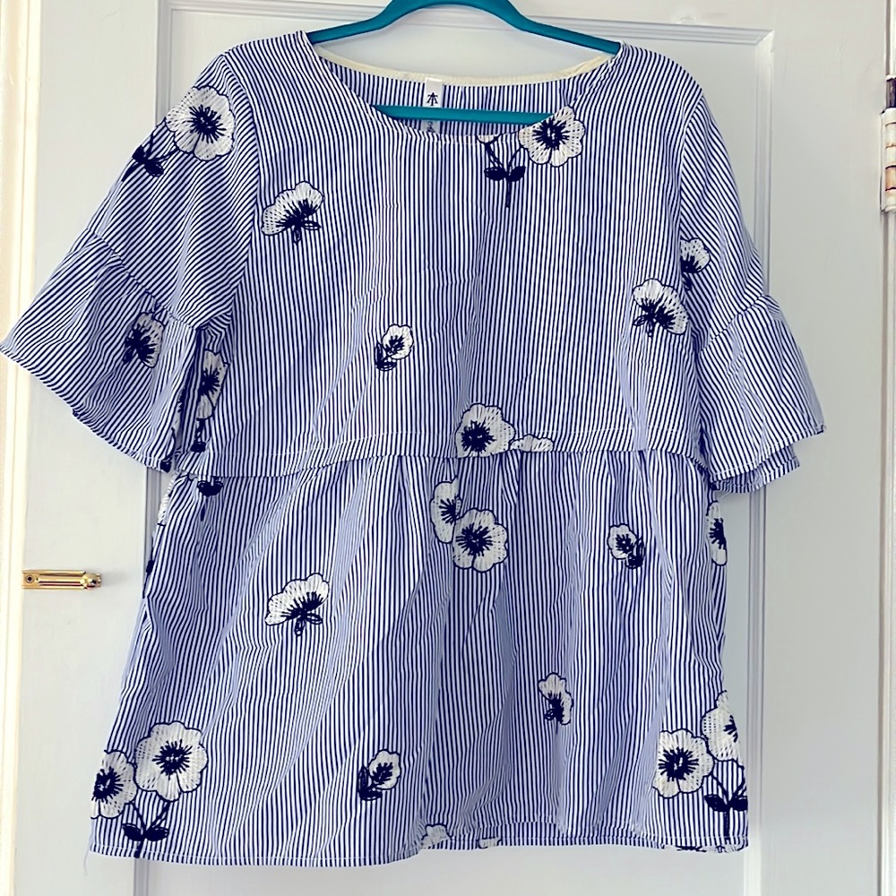 Blue and white embellished blouse